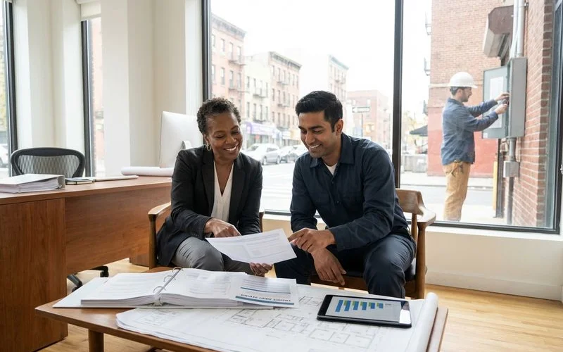 Building owner reviewing energy audit report with emission reduction strategies