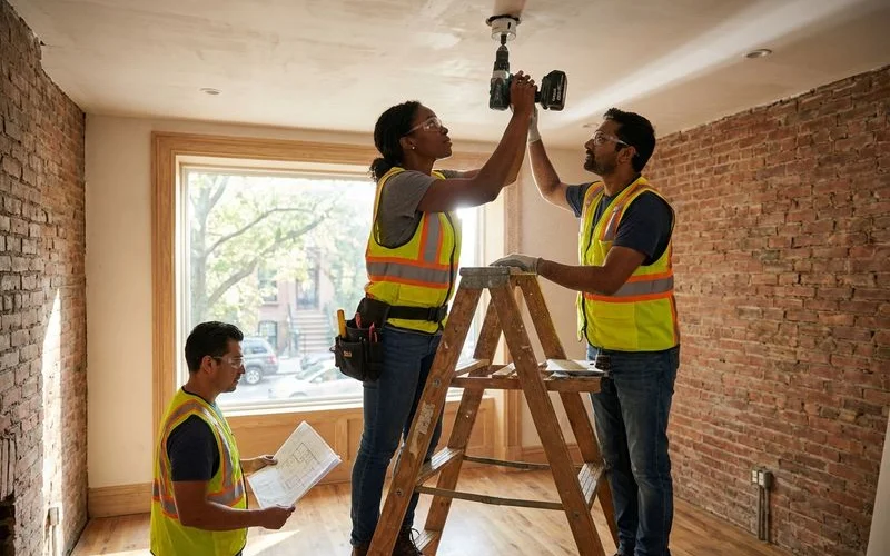 Electrician cutting a precise hole in a plaster ceiling for a recessed light in a Brooklyn home
