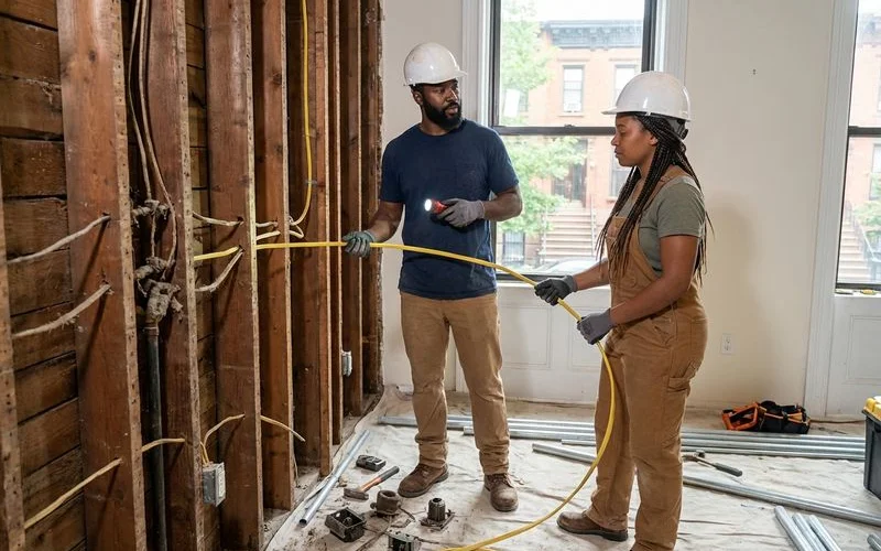 Electrician running new Romex wiring to replace knob-and-tube in a Brooklyn historic home