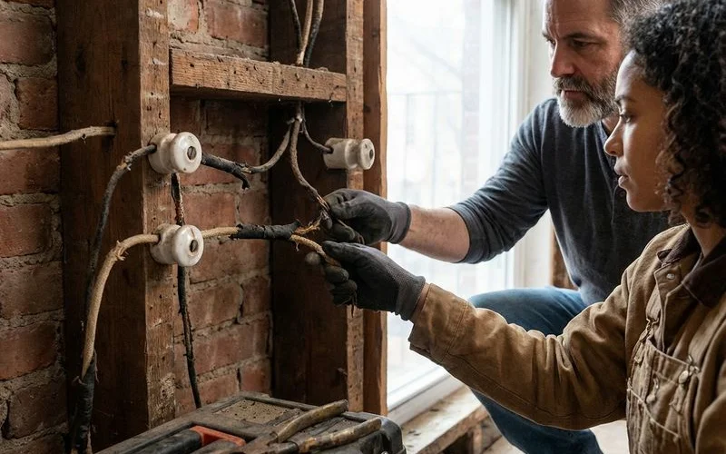 Exposed knob-and-tube ceramic insulators and cloth-covered wiring in Brooklyn brownstone walls