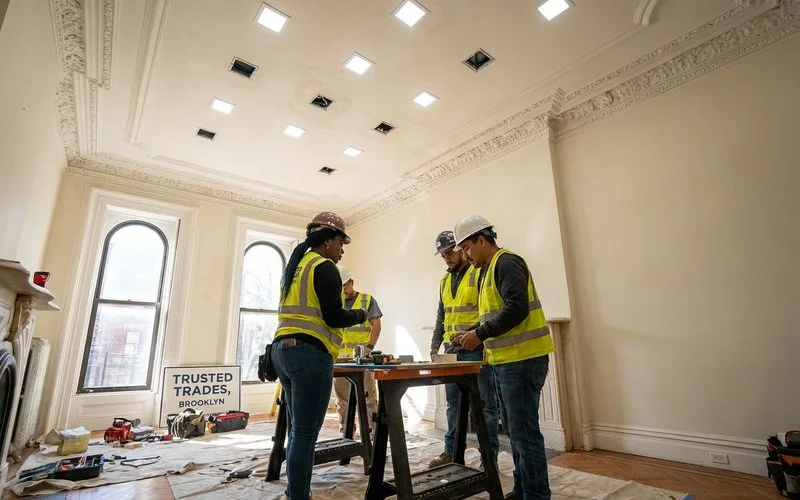 Grid layout of recessed LED lights installed in a Brooklyn brownstone living room ceiling
