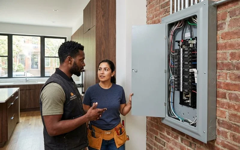 Modern 200-amp electrical panel installed in a renovated Brooklyn brownstone kitchen area