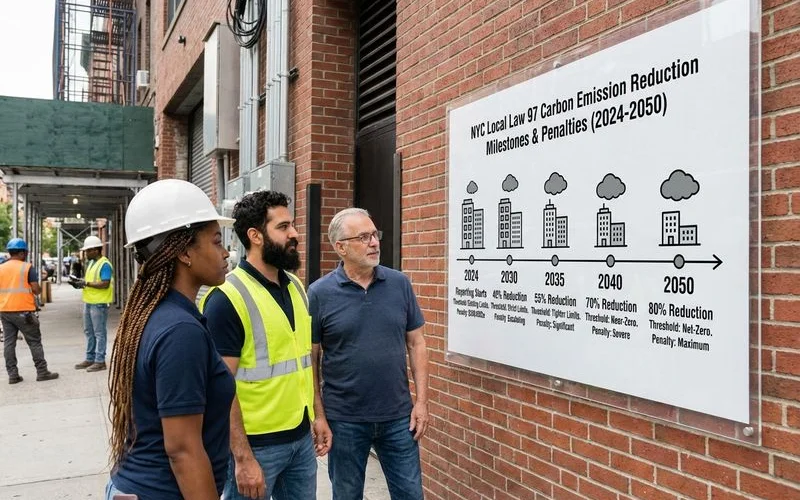 Local Law 97 carbon emission reduction timeline from 2024 through 2050