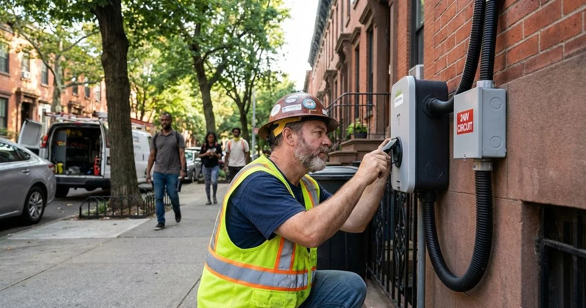 Electric vehicle charger installed in a Brooklyn residential garage showing Level 2 charging setup
