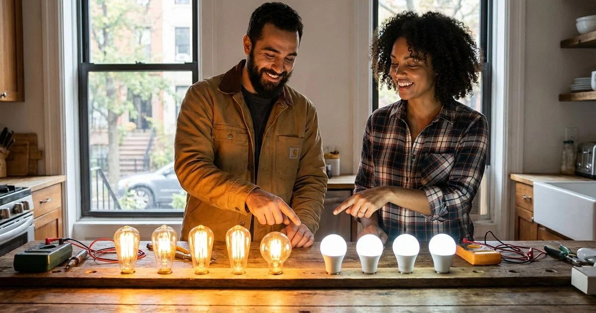 LED and traditional light bulbs side by side showing energy efficiency comparison for Brooklyn homes