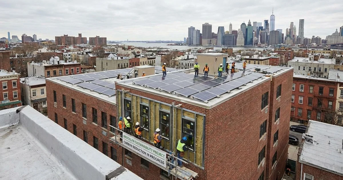 Brooklyn building skyline with Local Law 97 carbon emission compliance overlay showing reduction targets