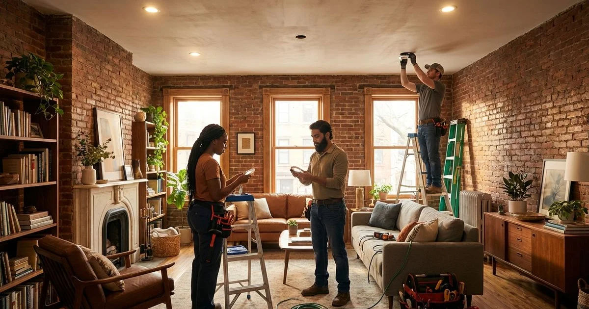 Beautifully installed recessed lighting illuminating a renovated Brooklyn brownstone living room