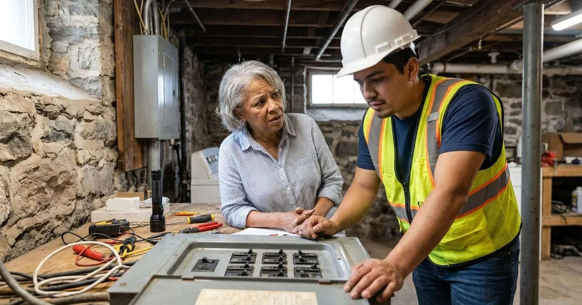 Electrician inspecting an outdated electrical panel in a Brooklyn brownstone home